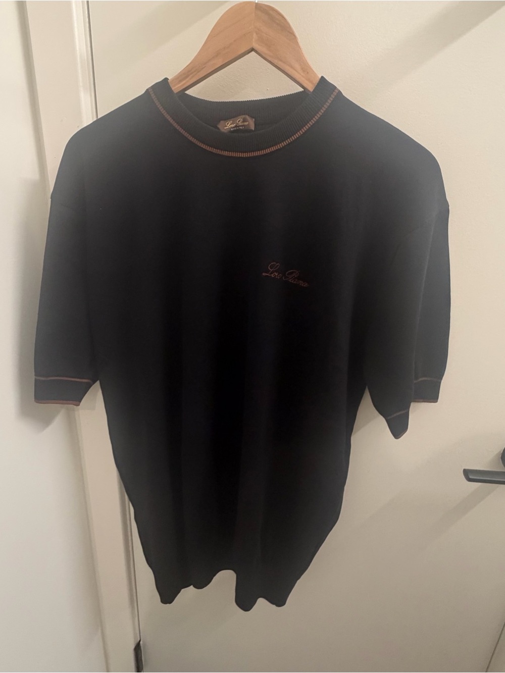 Loro Piana Black Short-Sleeve Knit Tee with Brown Trim